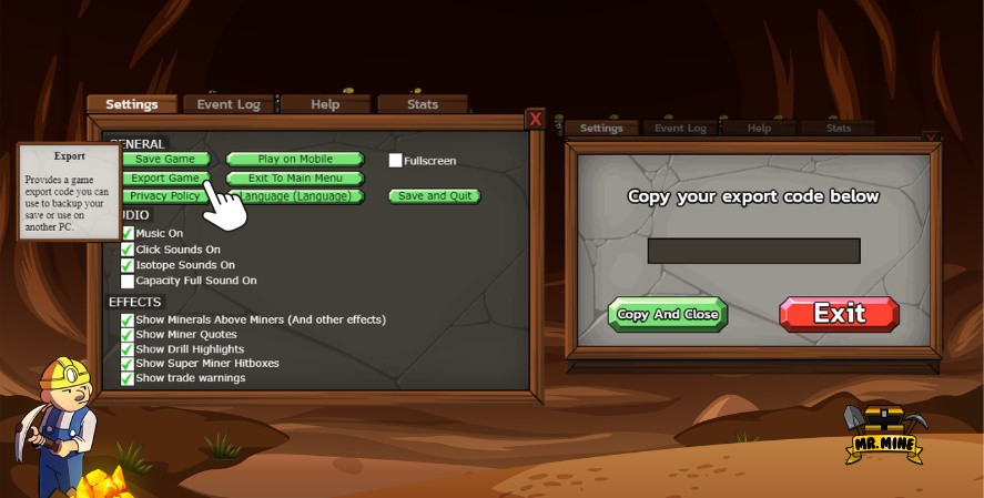 Mr Mine settings menu showing how to export a game save code