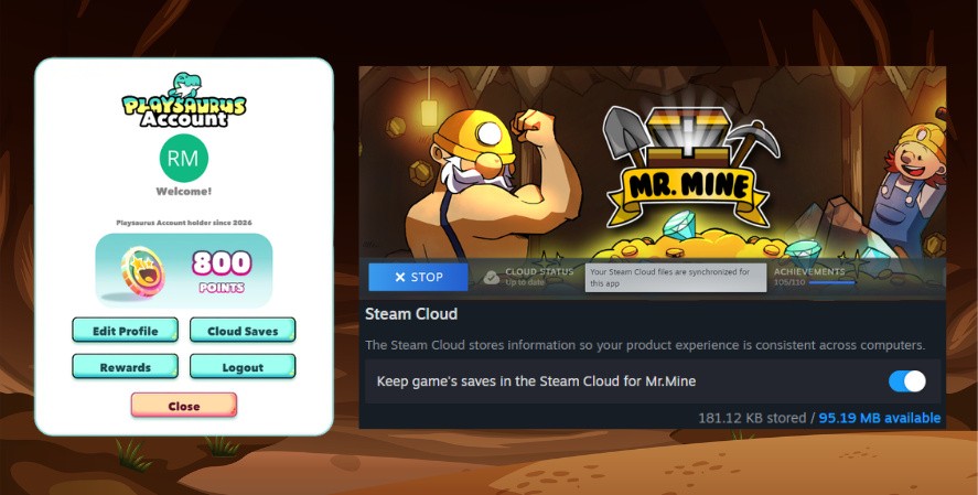 Playsaurus account cloud saves menu beside the Mr Mine Steam Cloud setting