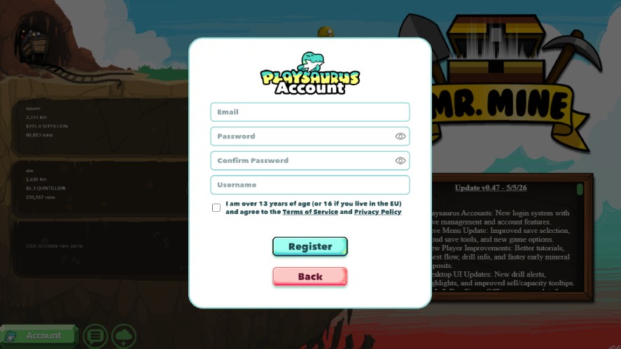 Playsaurus Account registration panel