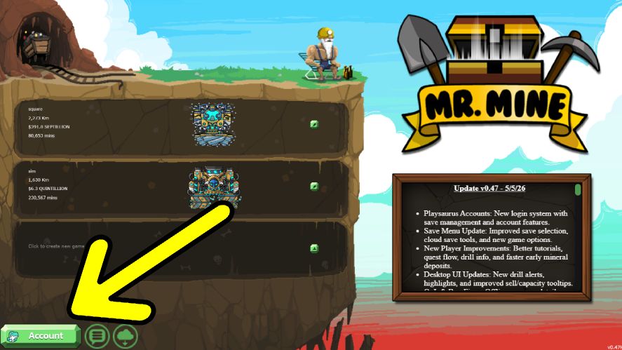 Mr. Mine main menu with a yellow arrow pointing to the Account button
