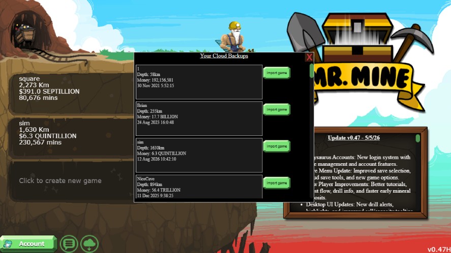 A list of Steam Cloud saves in Mr. Mine