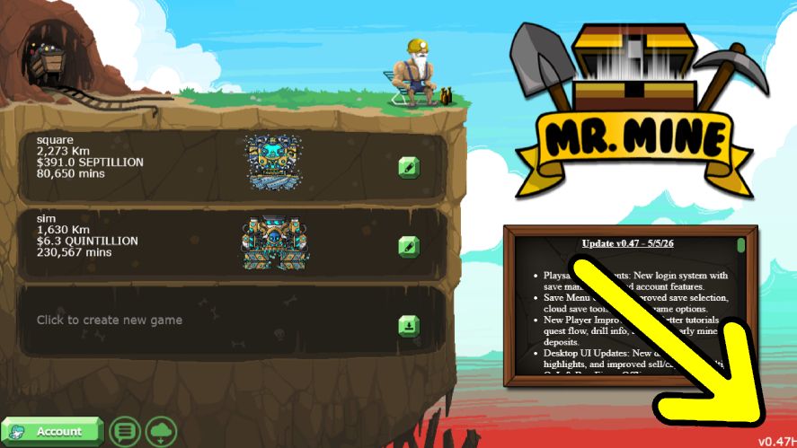 Mr. Mine main menu with a yellow arrow pointing to the version in the bottom right corner