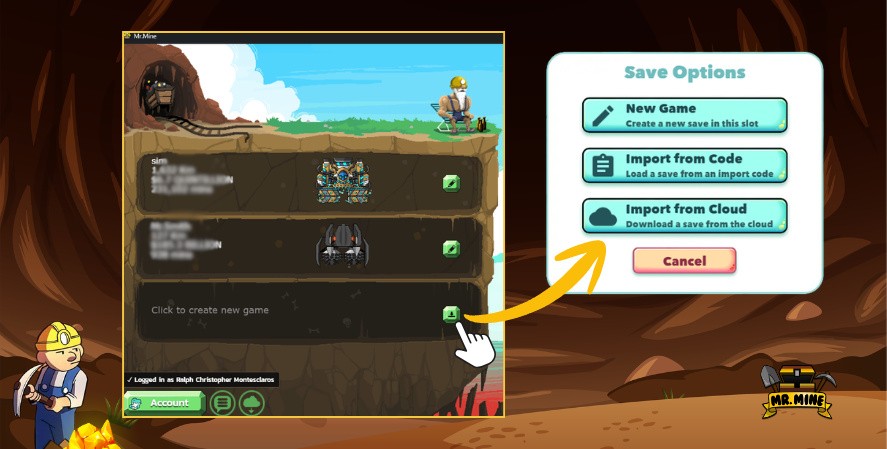 Mr Mine save slot menu with the Import from Cloud button highlighted