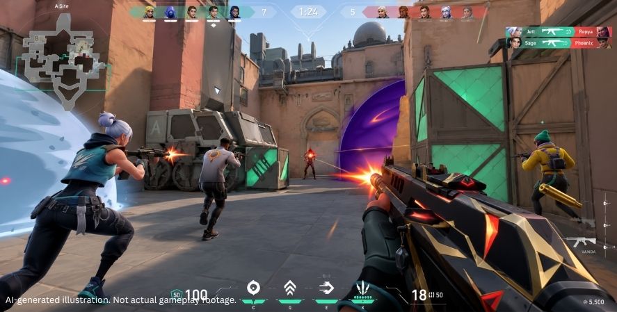 AI-generated Valorant-style gameplay showing a first-person firefight at A Site with teammates, an enemy agent, ability effects, weapons, and the match HUD.