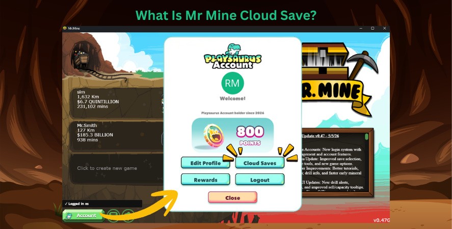 Mr Mine Cloud Save option inside the Playsaurus account menu