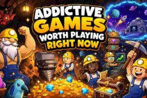 Addictive Games Worth Playing Right Now featured image with miners, treasure, gems, a drill, and a space portal.