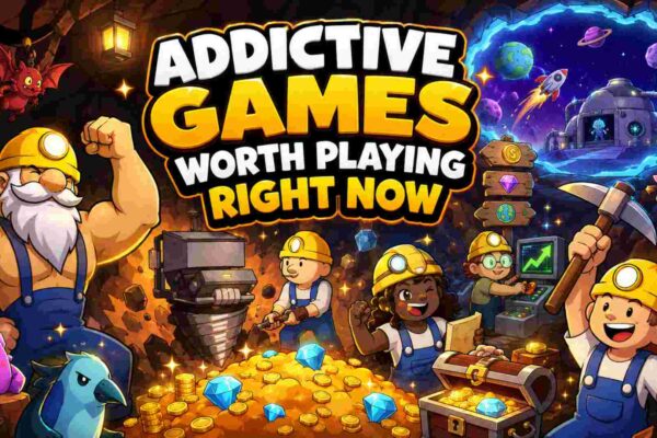 Addictive Games Worth Playing Right Now featured image with miners, treasure, gems, a drill, and a space portal.