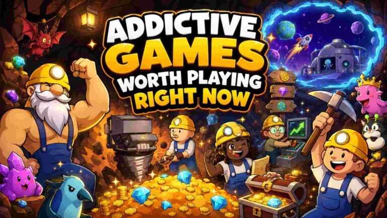 Addictive Games Worth Playing Right Now featured image with miners, treasure, gems, a drill, and a space portal.