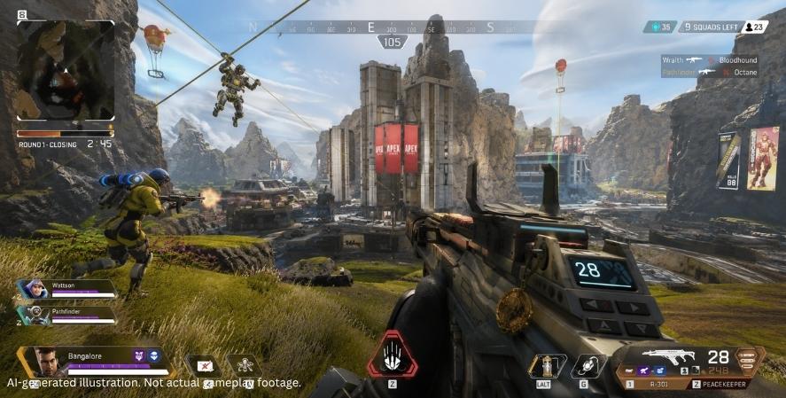 AI-generated Apex Legends-style gameplay showing a first-person squad battle with futuristic weapons, ability effects, enemy players, health bars, minimap, and battle royale interface.