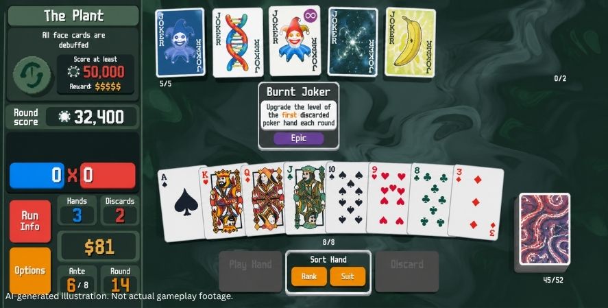 AI-generated addictive games Balatro-style gameplay showing a poker hand, joker cards, score multipliers, chips, and a colorful roguelike card-game interface.