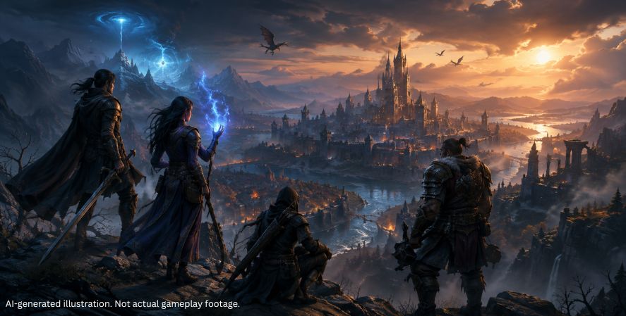 AI-generated fantasy adventuring party overlooking a fortified city