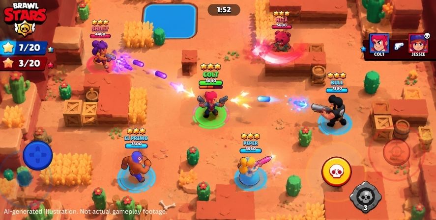 AI-generated Brawl Stars-style gameplay showing colorful heroes battling in a top-down arena with obstacles, projectiles, health bars, abilities, and the match interface.