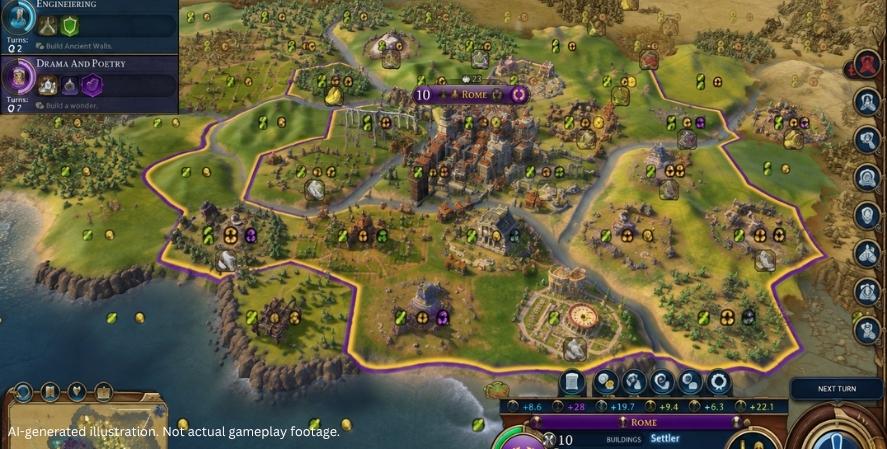 AI-generated Civilization VI-style strategy gameplay showing Rome, city districts, resources, borders, and the game interface.