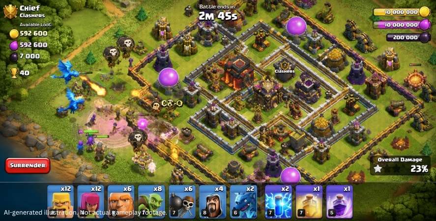 AI-generated Clash of Clans-style gameplay showing troops attacking a fortified village with walls, defenses, resource buildings, spell effects, and the battle interface.