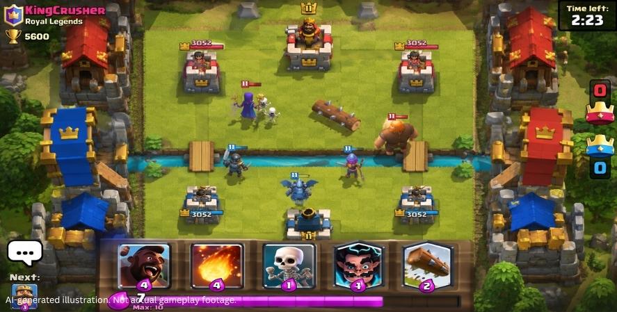 AI-generated Clash Royale-style gameplay showing red and blue towers, battling troops, spell effects, cards, and an elixir bar in a colorful arena.