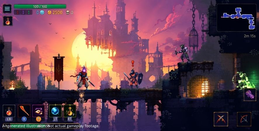 AI-generated addictive games Dead Cells-style gameplay showing a headless warrior fighting enemies inside a ruined castle with pixel-art platforms, health bars, weapons, and ability icons.