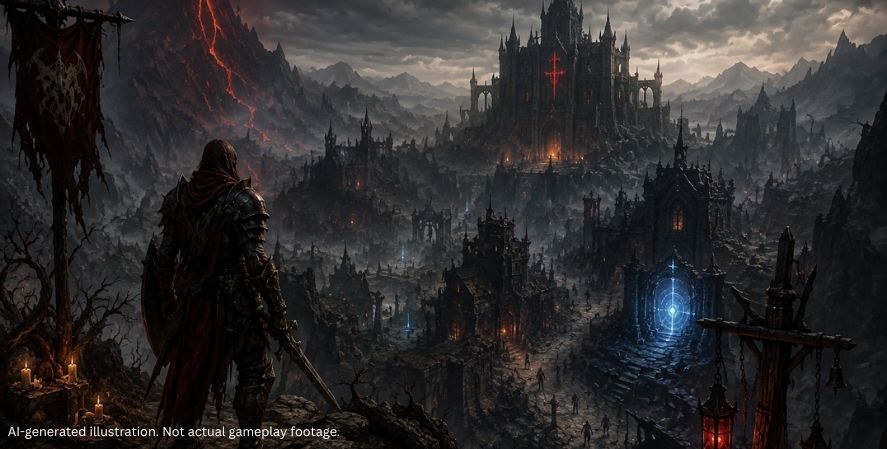 AI-generated dark fantasy warrior overlooking a ruined gothic city, volcanic mountains, and a glowing portal inspired by Diablo IV.