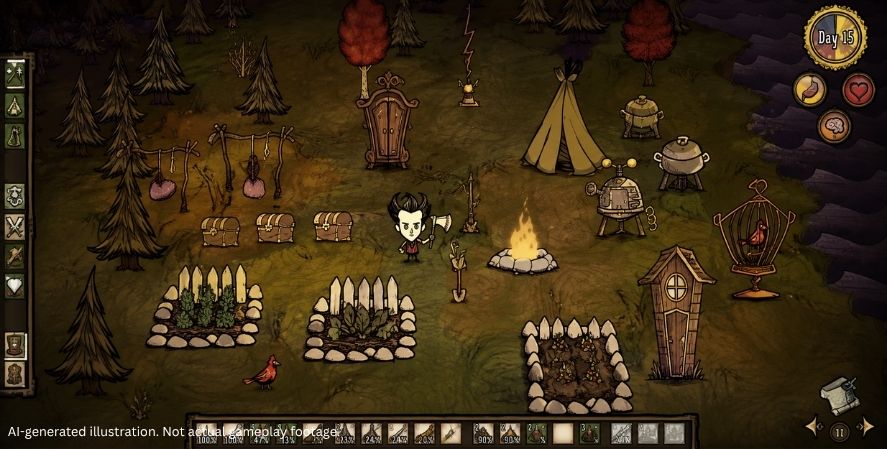 AI-generated addictive games Don’t Starve Together-style gameplay showing multiple survivors gathered around a campfire with crafting stations, creatures, and the game interface.
