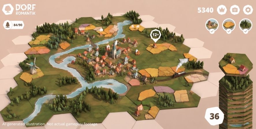 AI-generated Dorfromantik-style gameplay showing a peaceful hex-tile landscape with forests, villages, rivers, railways, fields, and a minimalist strategy interface.