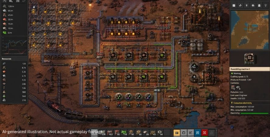 AI-generated addictive games Factorio-style gameplay showing an automated factory with conveyor belts, machines, resource production, trains, and interface panels.
