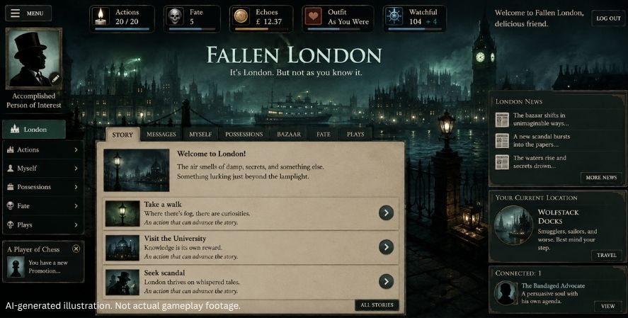 AI-generated Fallen London-style gameplay showing a mysterious Victorian underground city with gas lamps, fog, gothic buildings, story choices, character stats, and narrative game interface.