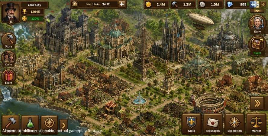 AI-generated Forge of Empires-style gameplay showing an evolving historical city with roads, houses, production buildings, monuments, resources, and the strategy game interface.