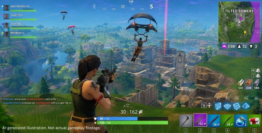 AI-generated addictive games Fortnite-style gameplay showing a player fighting near colorful buildings with weapons, building structures, storm effects, and the battle royale interface.