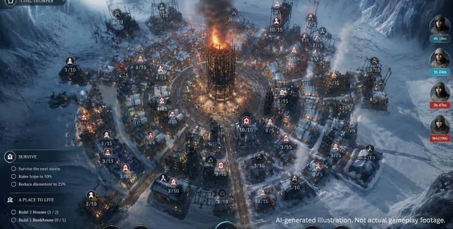 AI-generated addictive games Frostpunk-style gameplay showing a frozen survival city built around a central generator with resource panels and temperature controls.