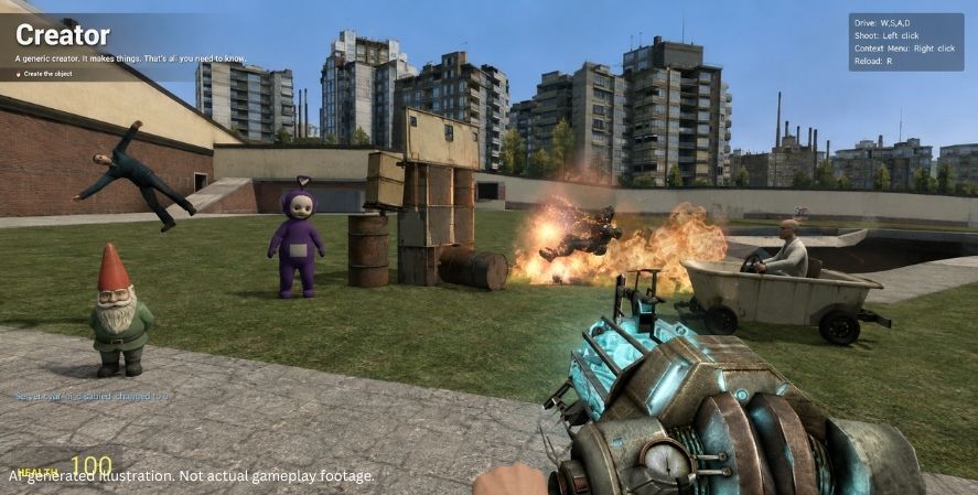 AI-generated addictive games Garry’s Mod-style gameplay showing a physics gun, ragdolls, props, explosions, and a chaotic urban sandbox scene.