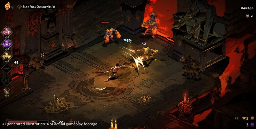 AI-generated addictive games Hades-style gameplay showing an underworld warrior battling mythical enemies inside a fiery temple with health, ability, and reward interface elements.
