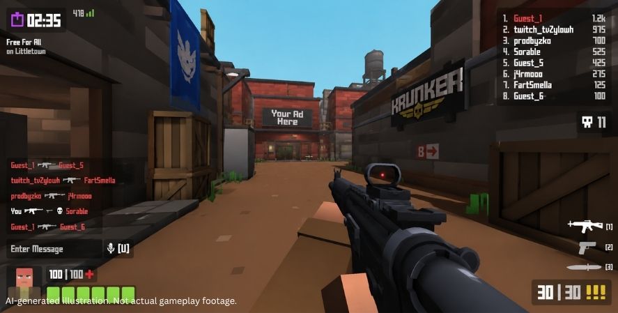 AI-generated Krunker-style gameplay showing a first-person blocky shooter match with an assault rifle, enemy players, score indicators, minimap, ammunition, and browser game interface.