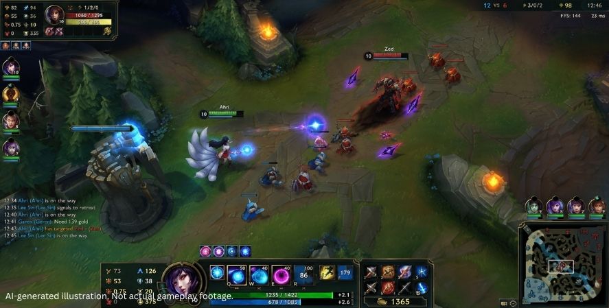 AI-generated addictive games League of Legends-style gameplay showing two teams fighting near a jungle objective with champions, minions, ability effects, health bars, and the game interface.