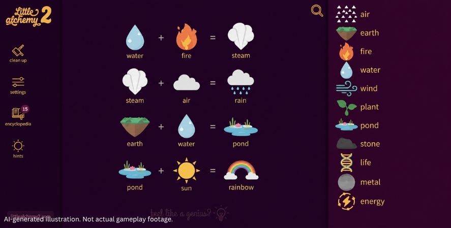 AI-generated Little Alchemy 2-style gameplay showing water, fire, steam, rain, pond, and rainbow combinations with an element list and crafting interface.