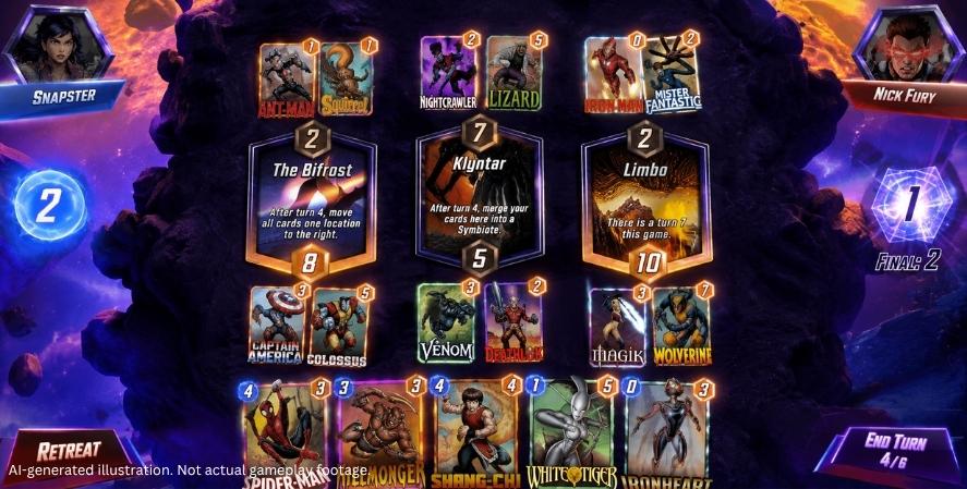 AI-generated Marvel Snap-style gameplay showing superhero cards competing across three locations with energy, power scores, turn controls, and a colorful card-battle interface.