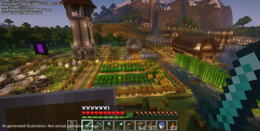 AI-generated addictive games Minecraft-style gameplay showing a survival base with farms, animals, a stone tower, a Nether portal, mountains, and the player HUD.