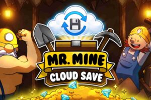 Mr Mine Cloud Save featured image with miners, treasure, tools, and a cloud backup icon inside a mine.