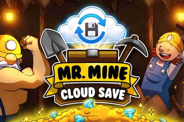 Mr Mine Cloud Save featured image with miners, treasure, tools, and a cloud backup icon inside a mine.