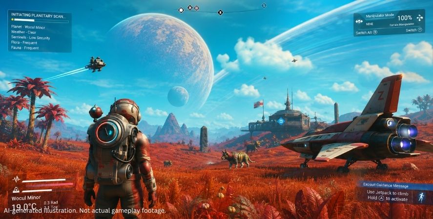 AI-generated addictive games No Man’s Sky-style gameplay showing a space explorer on a colorful alien planet with unusual plants, wildlife, a starship, and the game interface.