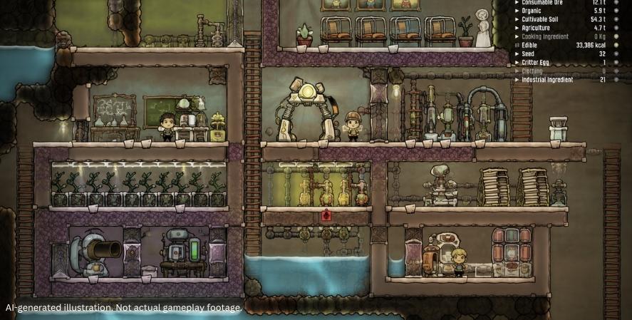 AI-generated addictive games Oxygen Not Included-style gameplay showing an underground colony with rooms, ladders, pipes, machines, farms, water tanks, and resource panels.