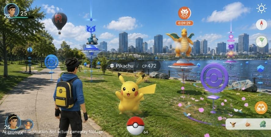 AI-generated Pokémon GO-style gameplay showing a trainer encountering colorful creatures in an augmented-reality park with PokéStops, gyms, map markers, and the mobile game interface.