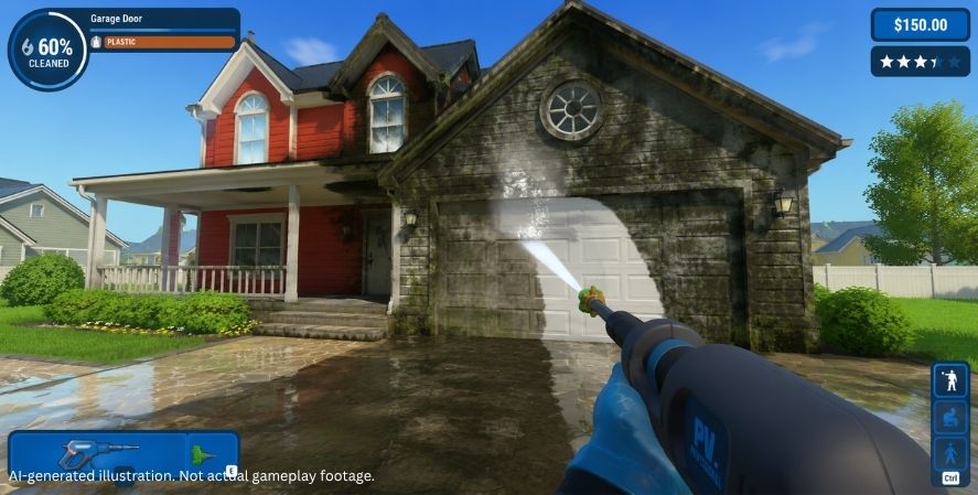 AI-generated PowerWash Simulator-style gameplay showing a first-person pressure washer cleaning a dirt-covered patio with water spray, progress indicators, equipment controls, and the game interface.