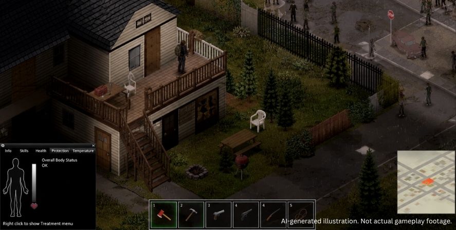 AI-generated addictive games Project Zomboid-style gameplay showing a survivor on a house balcony overlooking zombies near a gas station during heavy rain.