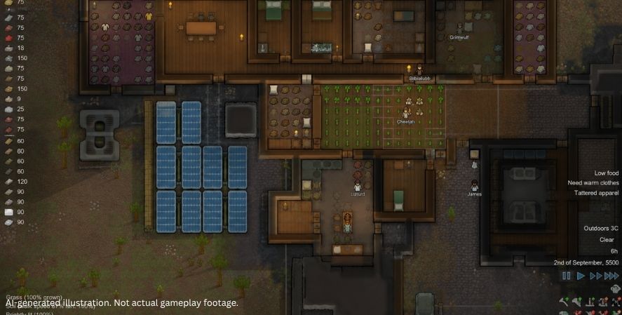 AI-generated addictive games RimWorld-style gameplay showing a colony base with bedrooms, storage rooms, crops, solar panels, colonists, and resource panels.