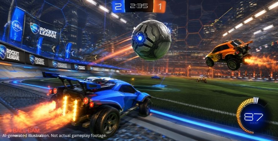 AI-generated Rocket League-style gameplay showing rocket-powered cars competing for a giant soccer ball inside a colorful stadium with boost, score, and match interface elements.