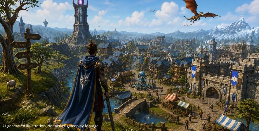 AI-generated fantasy adventurer overlooking a medieval town, castle, mountains, and flying dragon inspired by RuneScape.