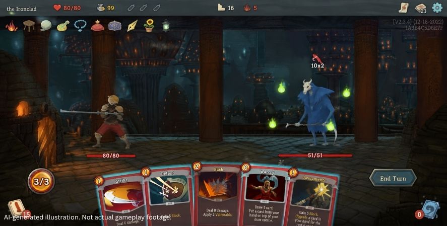 AI-generated addictive games Slay the Spire-style gameplay showing a warrior using attack, defense, and skill cards against fantasy enemies inside a mysterious dungeon.