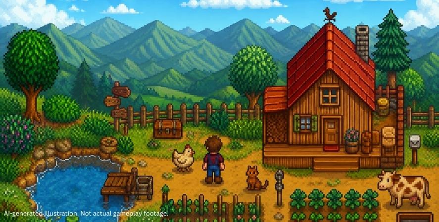 AI-generated pixel-art farmer standing beside crops, animals, a pond, and a farmhouse inspired by Stardew Valley.