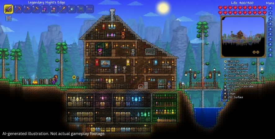 AI-generated addictive games Terraria-style gameplay showing a pixel-art adventurer exploring a detailed surface base with enemies, crafting stations, caves, and the game interface.