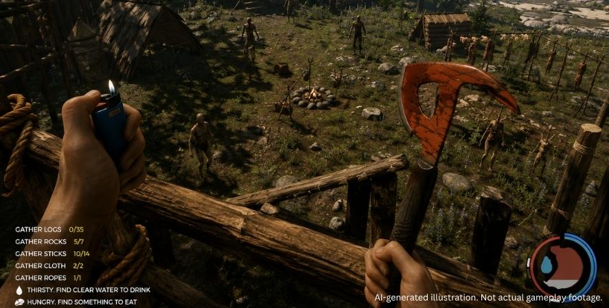 AI-generated addictive games The Forest-style gameplay showing a survivor exploring a dense forest with a handmade shelter, fire, tools, and hostile creatures nearby.