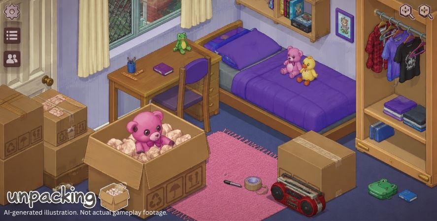 AI-generated Unpacking-style gameplay showing a cozy bedroom with open moving boxes, books, clothes, decorations, and household items being organized.